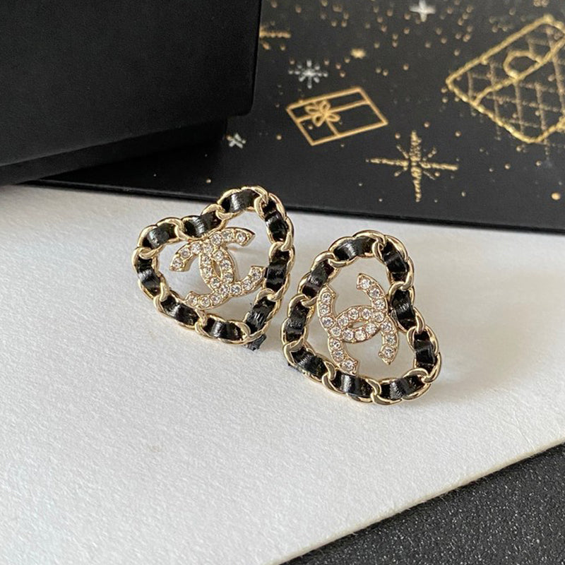 18K Chanel Black Leather Heart Gold Earrings