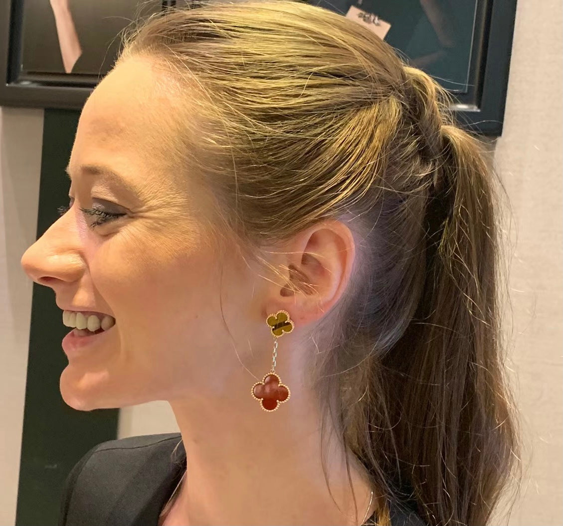 18K Van Cleef & Arpels Magic Alhambra Carnelian & Tiger Eye Earrings