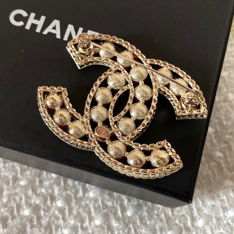 18K Chanel Red & Brown Pearl Gold Brooch