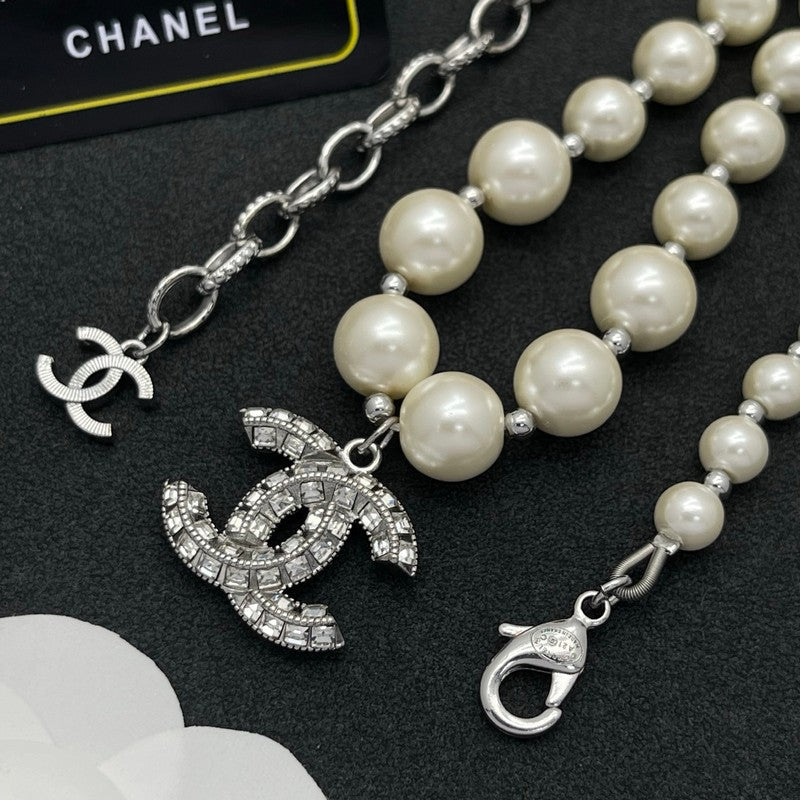 18K Chanel Pearl Diamond Logo Necklace