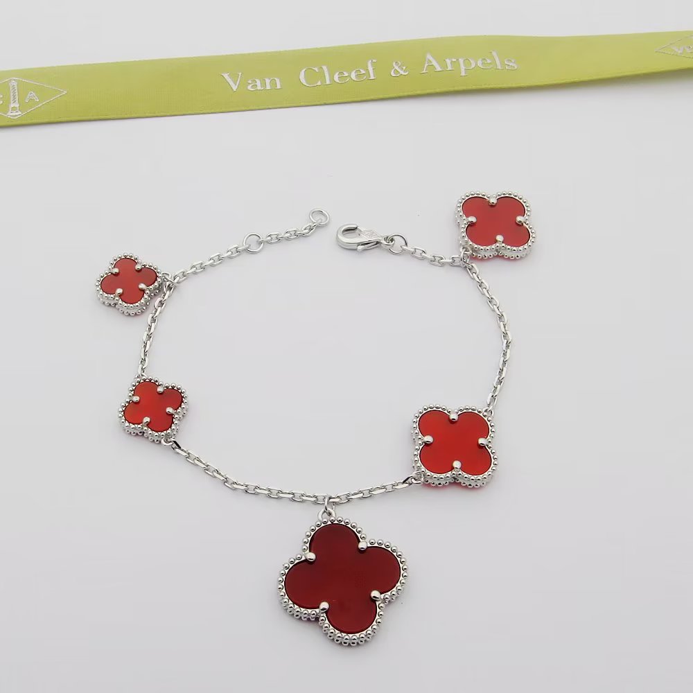 18K Van Cleef & Arpels Magic Alhambra Five Carnelian Motifs Clover Bracelet