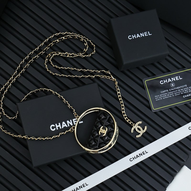 18K Chanel Black Bag Long Leather Necklace
