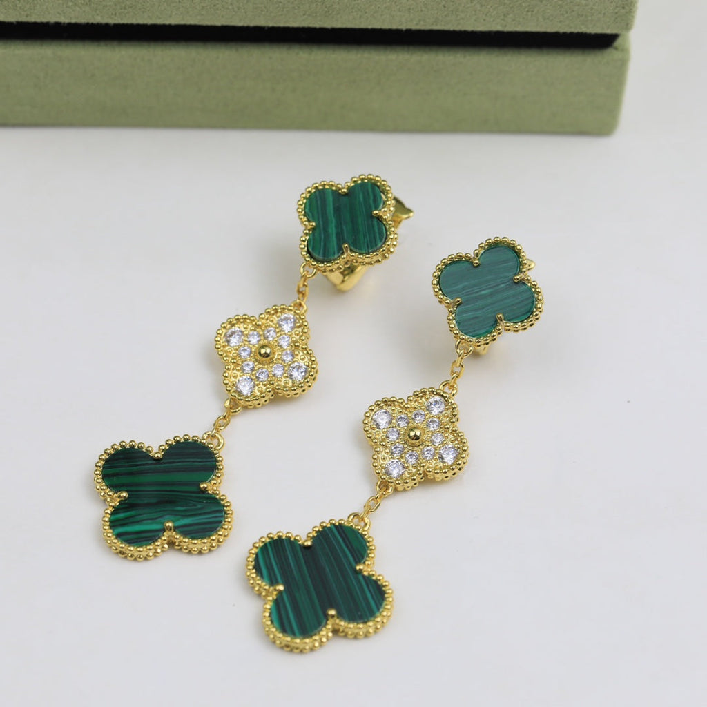 18K Van Cleef & Arpels Magic Alhambra Three Malachite Motifs Clover Earrings