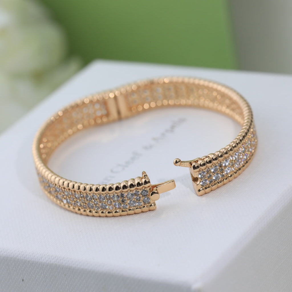 18K Van Cleef & Arpels Rose Gold Perlee Diamonds Three Rows Bracelet