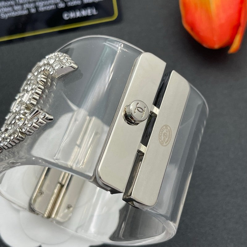 18K Chanel Pearl Diamond Transparent Cuff Bracelet