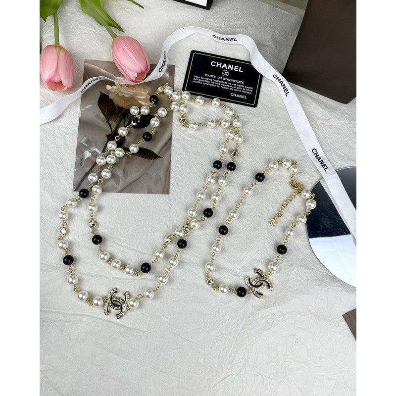 18K Chanel 24A Black & White Pearl Long Necklace