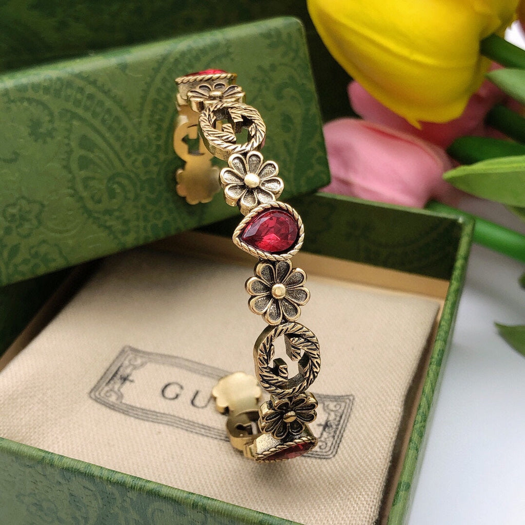18K Gucci Flowers Red Crystals Open Cuff Bracelet