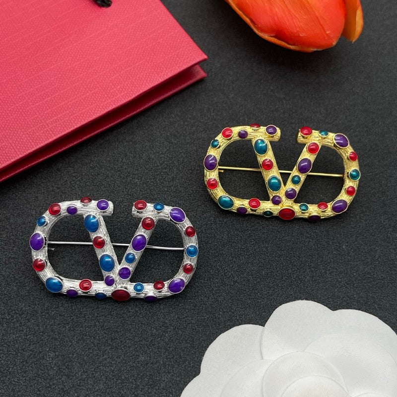 18K Valentino Vlogo Color Crystal Brooch