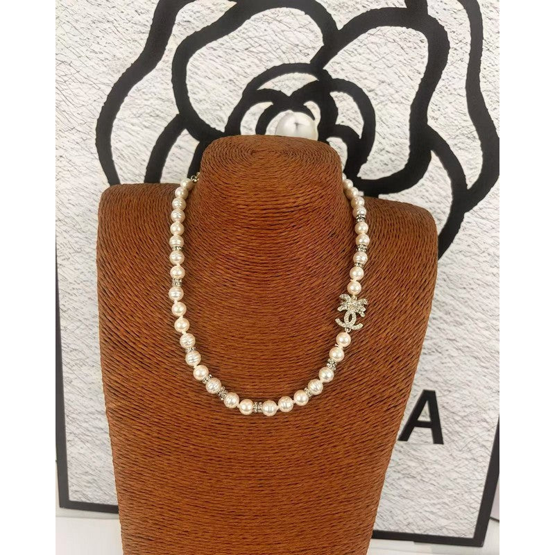 18K Chanel Bow Diamond Pearl Necklace