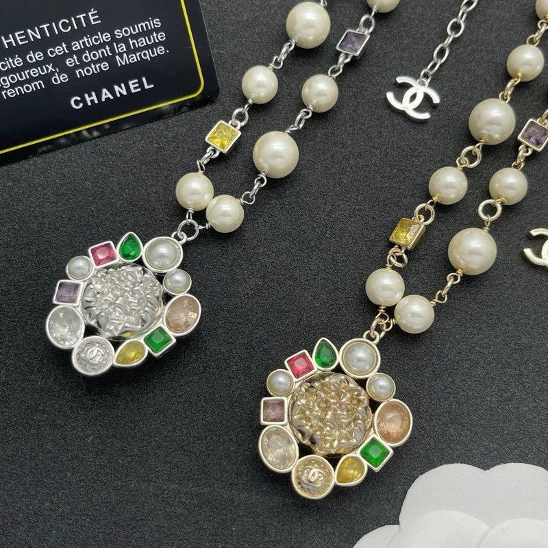 18K Chanel Color Crystal Pearl Chain Necklace