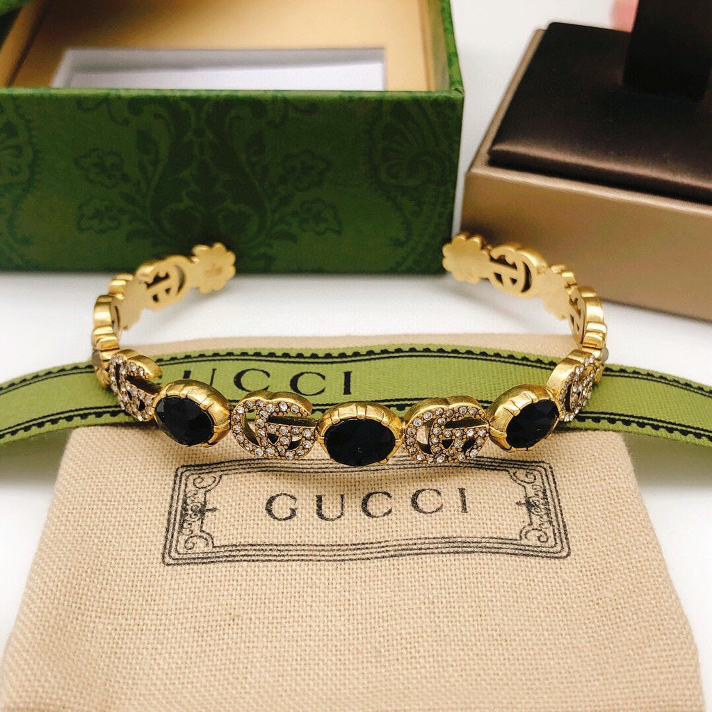 18K Gucci Flowers Black Crystals Open Cuff Bracelet