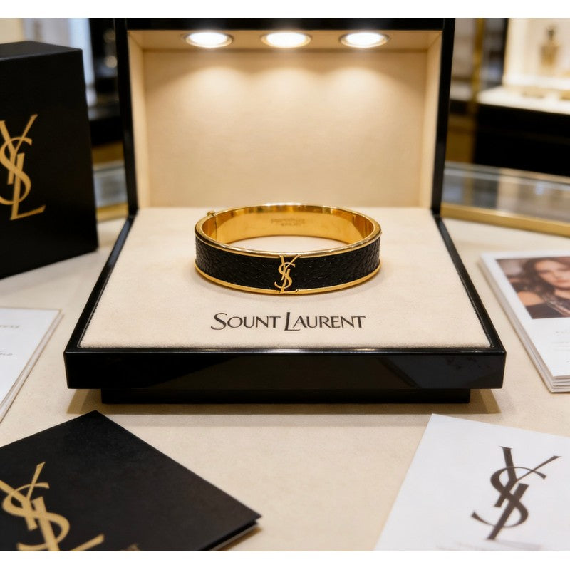 18K YSL Black Leather Gold Bracelet