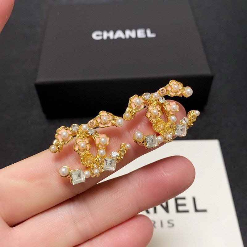18K Chanel Pink Camellia Pearl & Gold Earrings