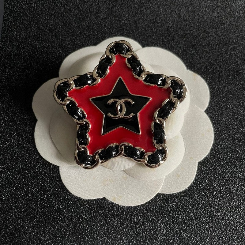 18K Chanel Black & Red Star Leather Brooch