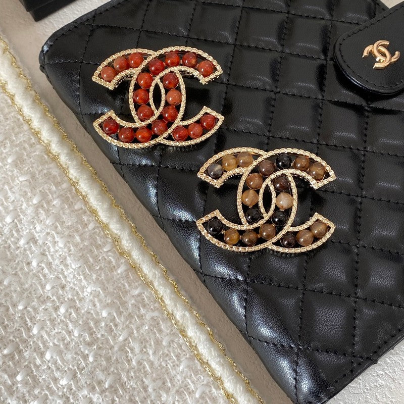18K Chanel Red & Brown Pearl Gold Brooch