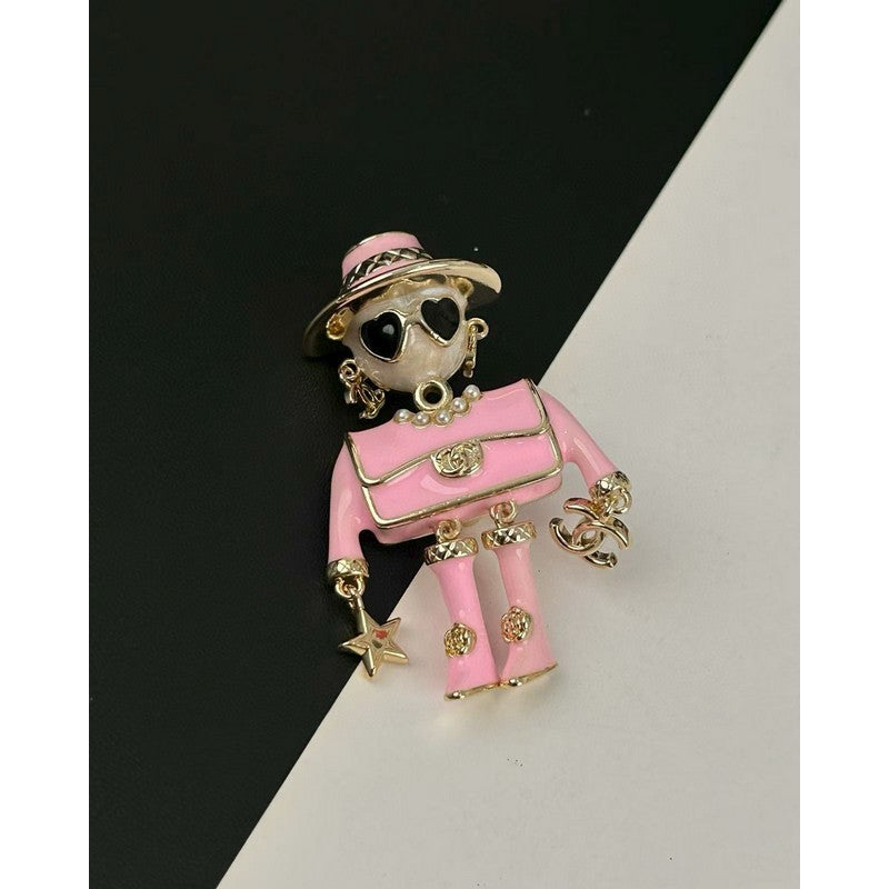 18K Chanel 24B Pink & Black Robot Gold Brooch