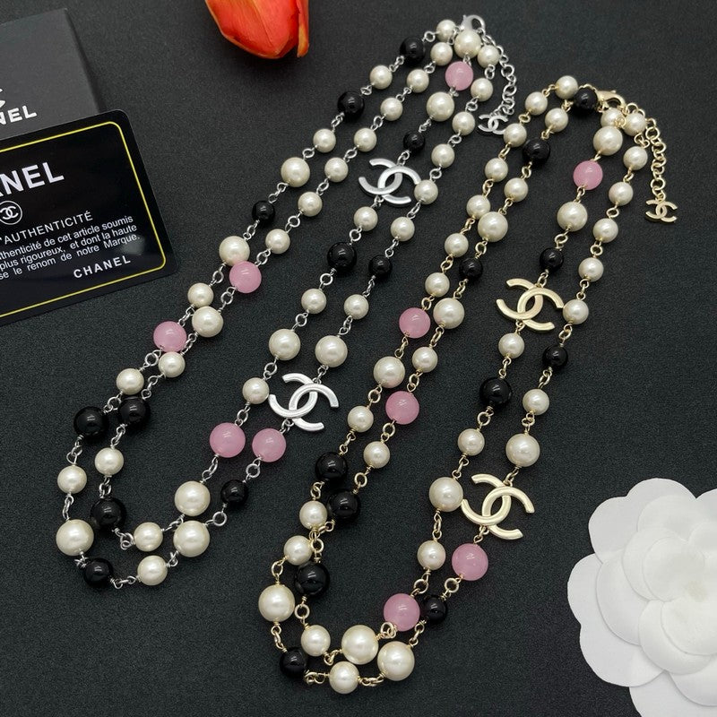 18K Chanel Black & Pink Bead Long Necklace