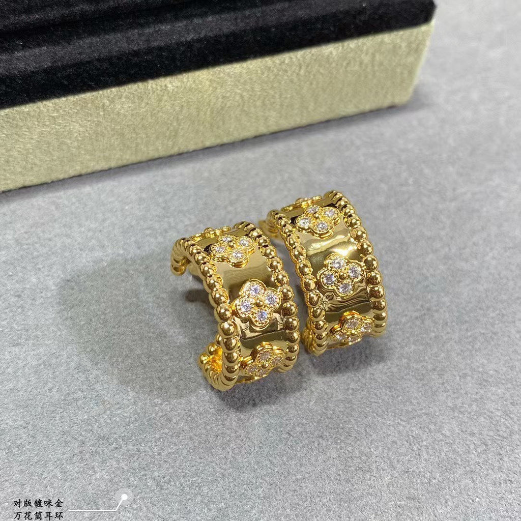 18K Van Cleef & Arpels Yellow Gold Perlee Clovers Hoop Earrings
