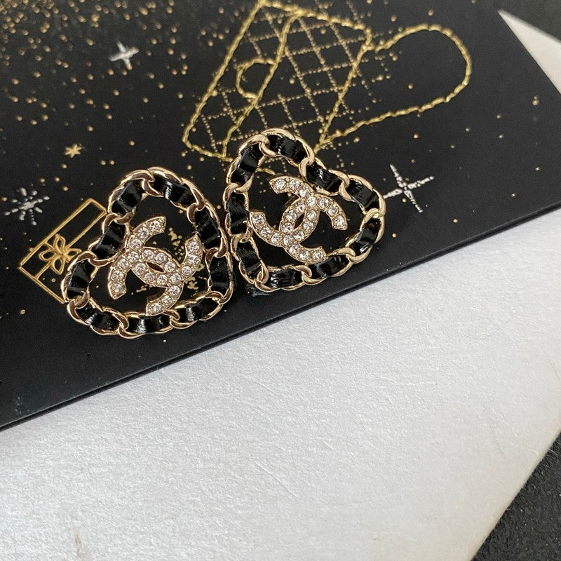 18K Chanel Black Leather Heart Gold Earrings