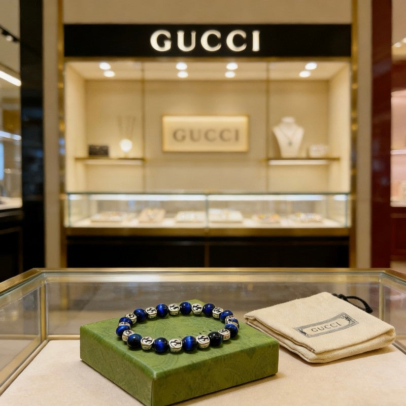 18K Gucci Anger Forest Blue Tiger's Eye Bead Chain Bracelet