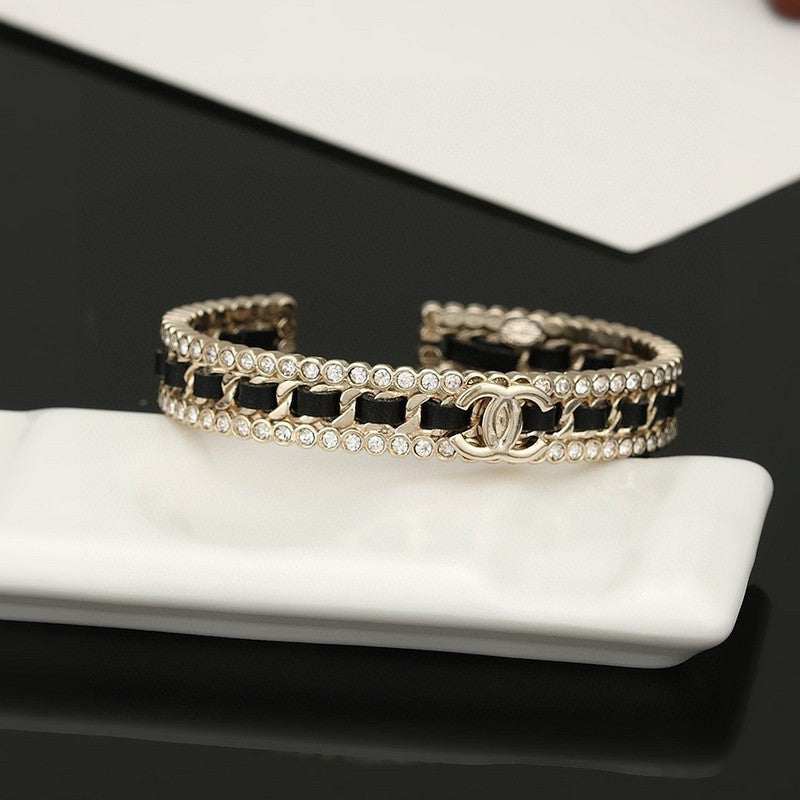 18K Chanel Black Leather Open Cuff Bracelet