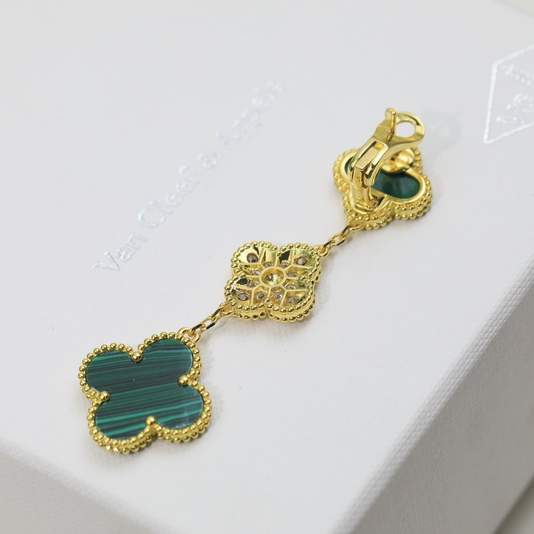 18K Van Cleef & Arpels Magic Alhambra Three Malachite Motifs Clover Earrings