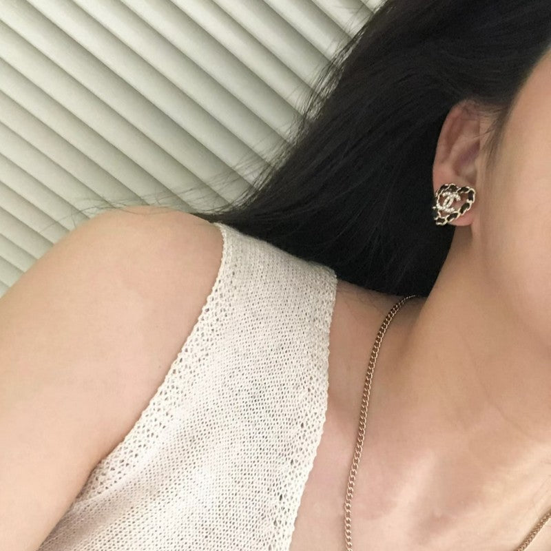 18K Chanel Black Leather Heart Gold Earrings