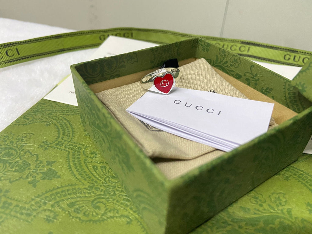 Gucci Interlocking G Red Enamel Heart Ring