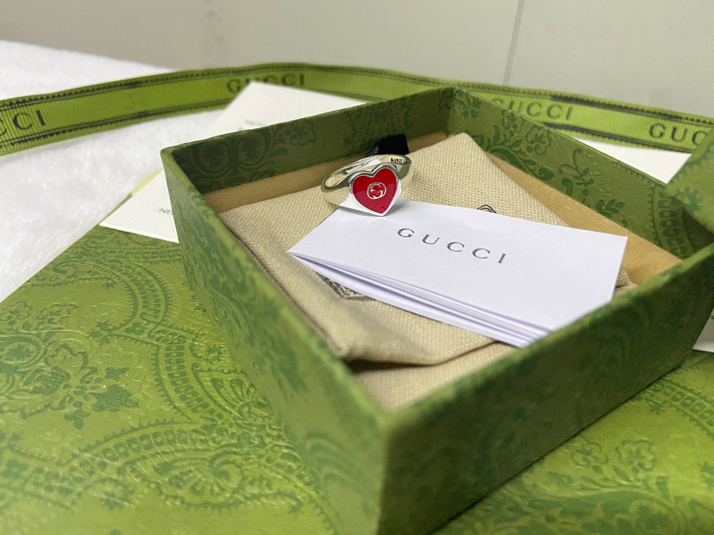 Gucci Interlocking G Red Enamel Heart Ring