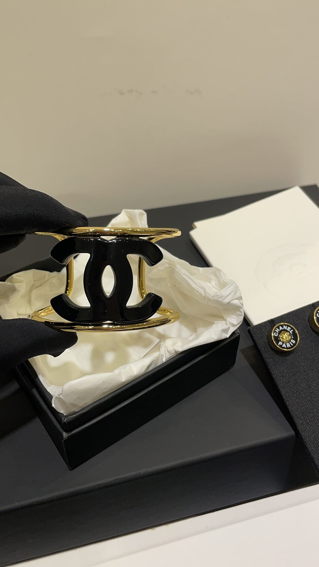 18K Chanel Black Logo Open Cuff Bracelet