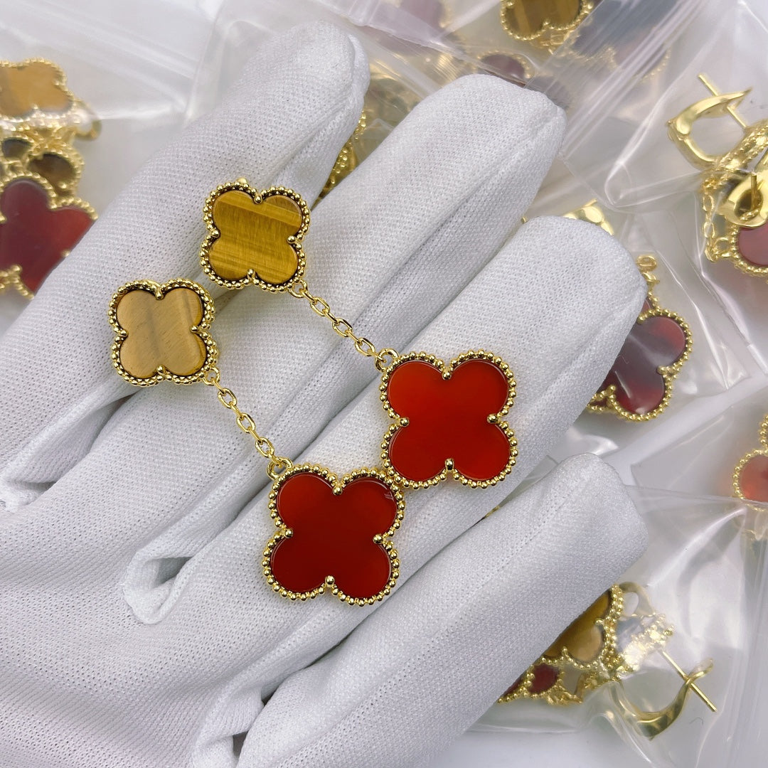18K Van Cleef & Arpels Magic Alhambra Carnelian & Tiger Eye Earrings