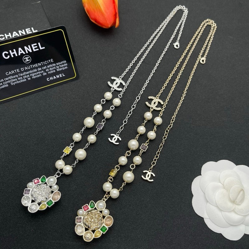 18K Chanel Color Crystal Pearl Chain Necklace