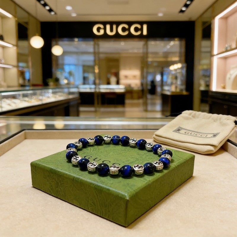 18K Gucci Anger Forest Blue Tiger's Eye Bead Chain Bracelet