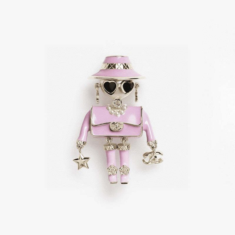18K Chanel 24B Pink & Black Robot Gold Brooch