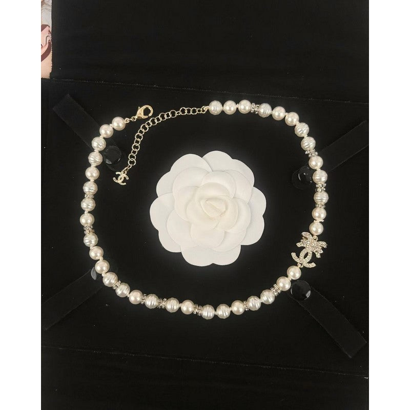18K Chanel Bow Diamond Pearl Necklace