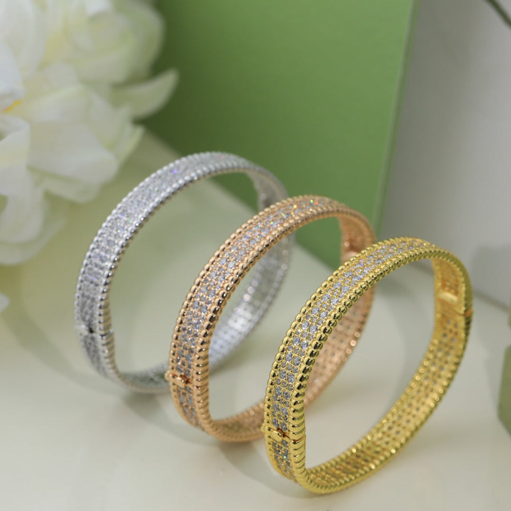 18K Van Cleef & Arpels Yellow Gold Perlee Diamonds Three Rows Bracelet