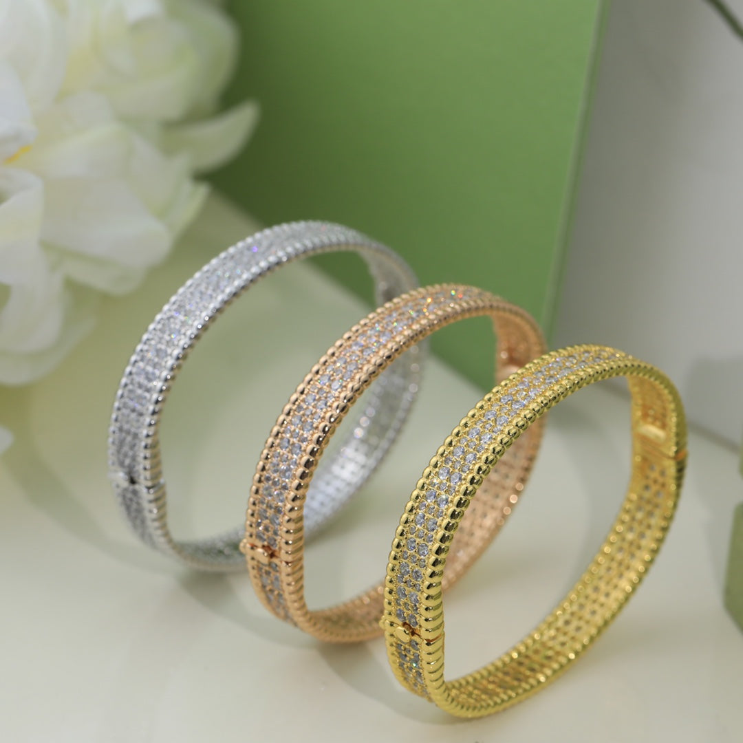 18K Van Cleef & Arpels Yellow Gold Perlee Diamonds Three Rows Bracelet