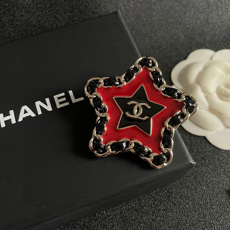 18K Chanel Black & Red Star Leather Brooch