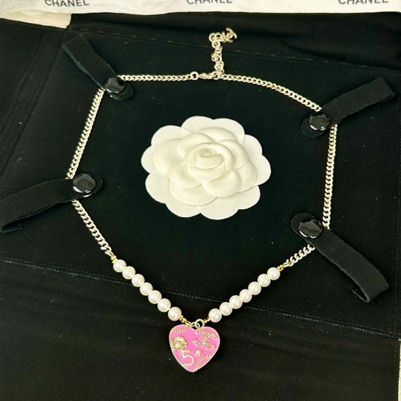 18K Chanel Pink & Black Heart Pearl Necklace