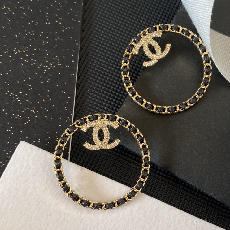 18K Chanel Black Leather Circle Earrings