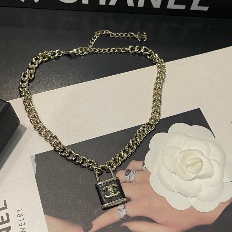 18K Chanel Black Leather Gold Lock Necklace