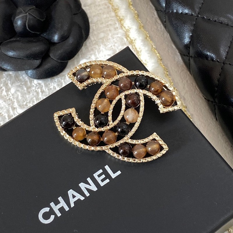 18K Chanel Red & Brown Pearl Gold Brooch
