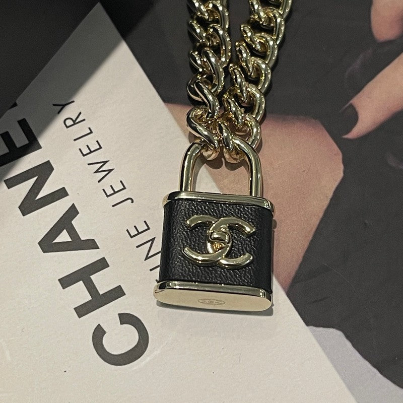 18K Chanel Black Leather Gold Lock Necklace