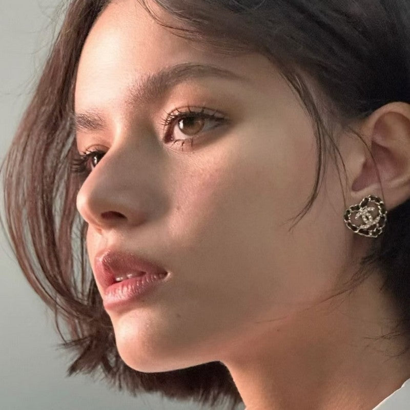 18K Chanel Black Leather Heart Gold Earrings