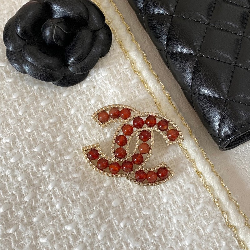 18K Chanel Red & Brown Pearl Gold Brooch