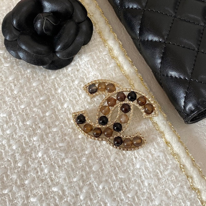18K Chanel Red & Brown Pearl Gold Brooch